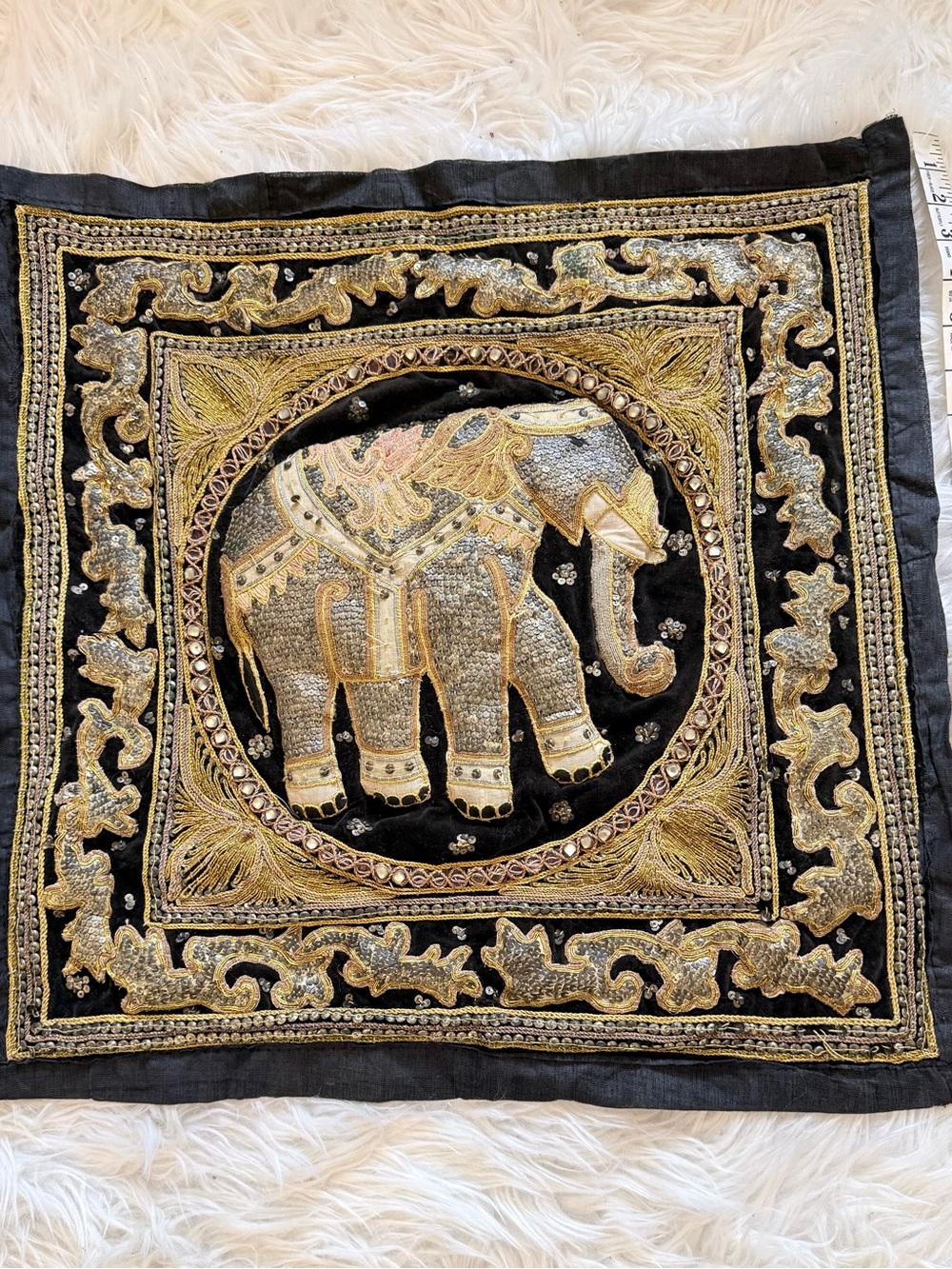 Antique/Vintage Burma Kalaga Black/Gold Embroidered Elephant Wall Hanging